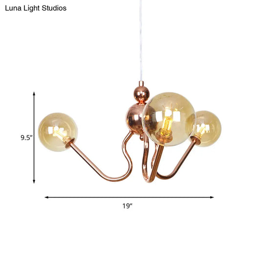 Industrial Copper 3-Light Chandelier With Clear/Amber Glass Globes Dining Room Pendant Fixture