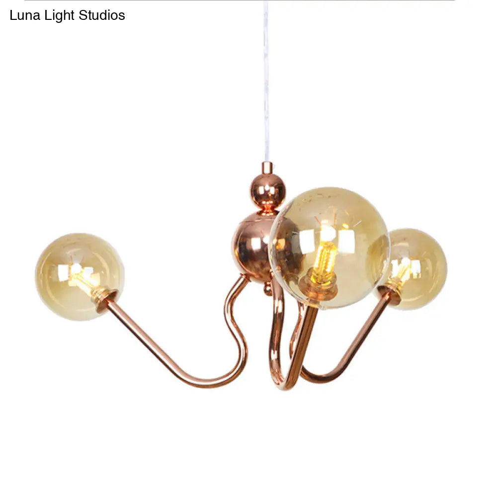 Copper Industrial Chandelier With 3 Clear/Amber Glass Lights For Dining Room Pendant