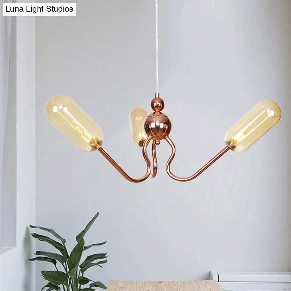 Industrial Copper 3-Light Chandelier With Clear/Amber Glass Globes Dining Room Pendant Fixture