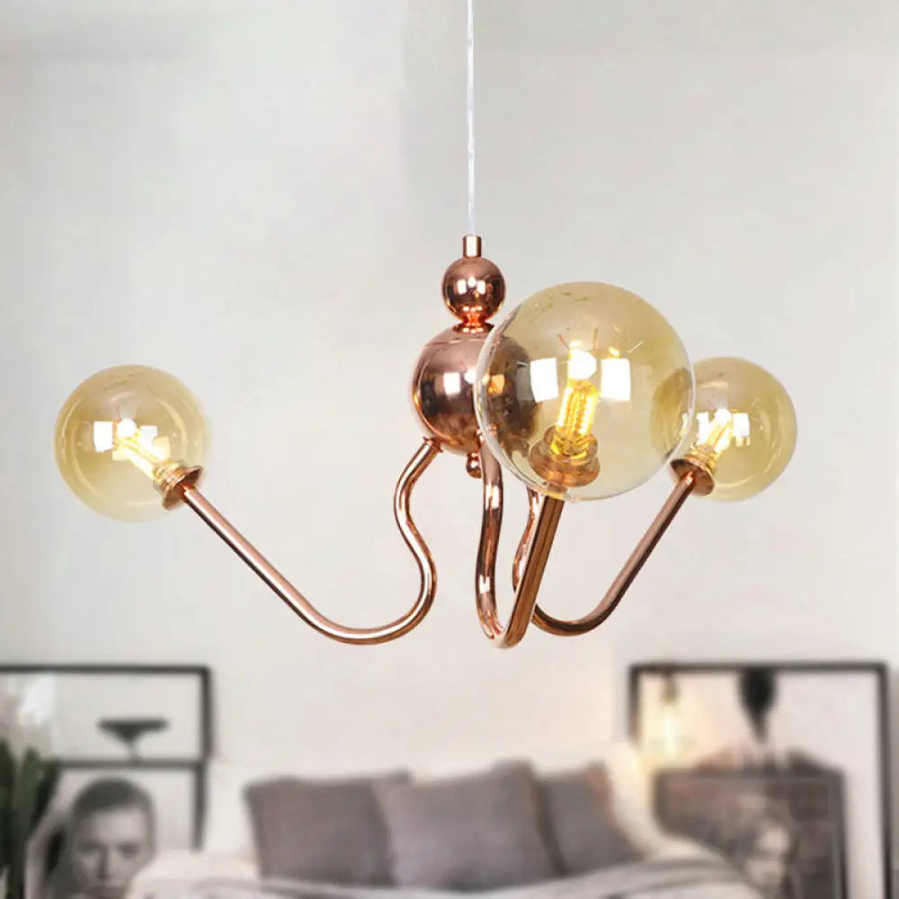 Industrial Copper 3-Light Chandelier With Clear/Amber Glass Globes Dining Room Pendant Fixture