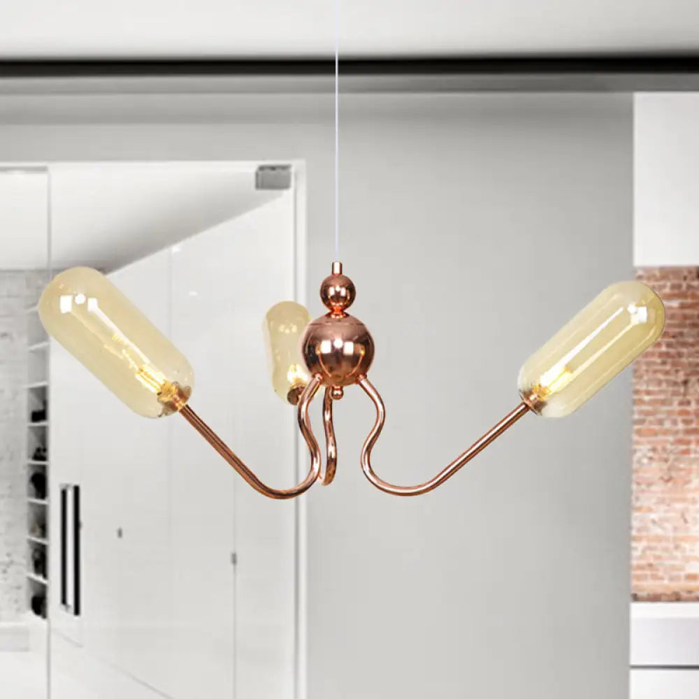 Industrial Copper 3-Light Chandelier With Clear/Amber Glass Globes Dining Room Pendant Fixture