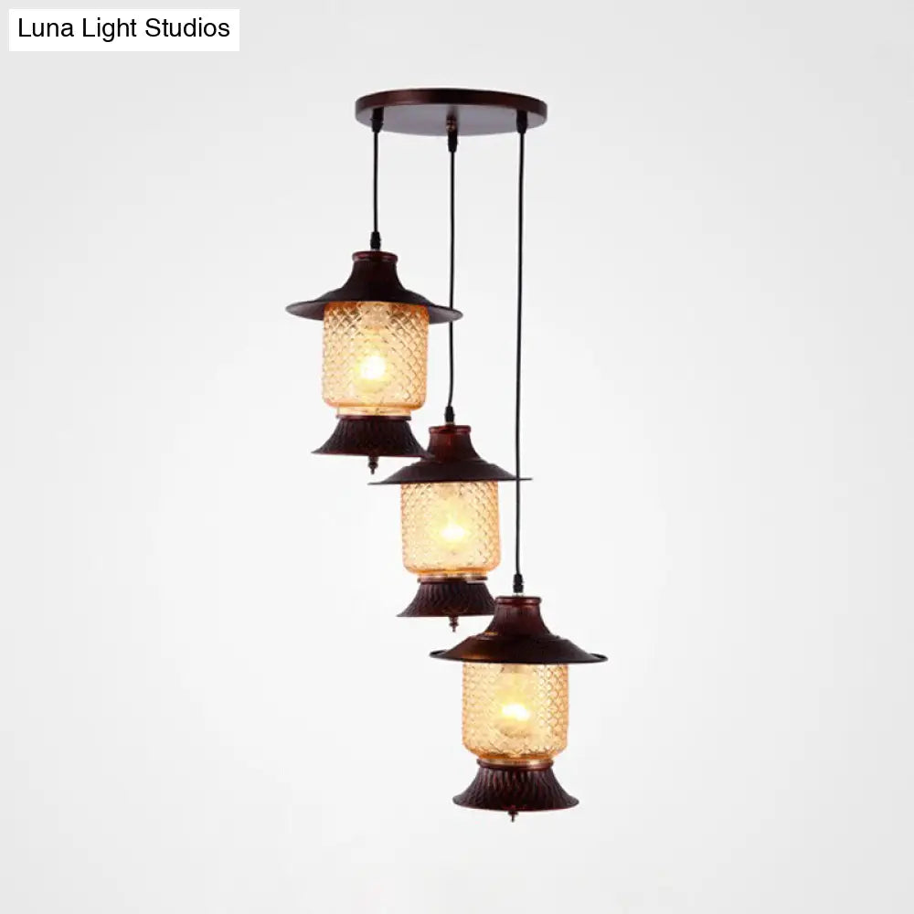 Industrial Copper Hanging Lamp With Yellow Grid Glass Shades - 3-Head Kerosene Cluster Pendant Light