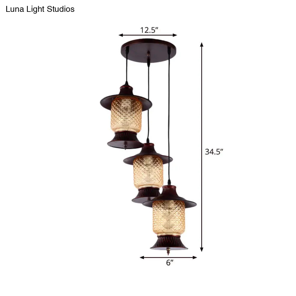 Yellow Grid Glass Copper Pendant Light - 3-Head Kerosene Cluster Lamp For Industrial Ambiance