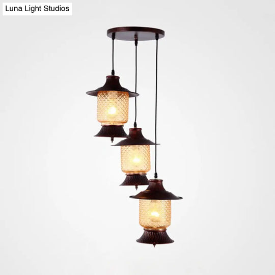Yellow Grid Glass Copper Pendant Light - 3-Head Kerosene Cluster Lamp For Industrial Ambiance