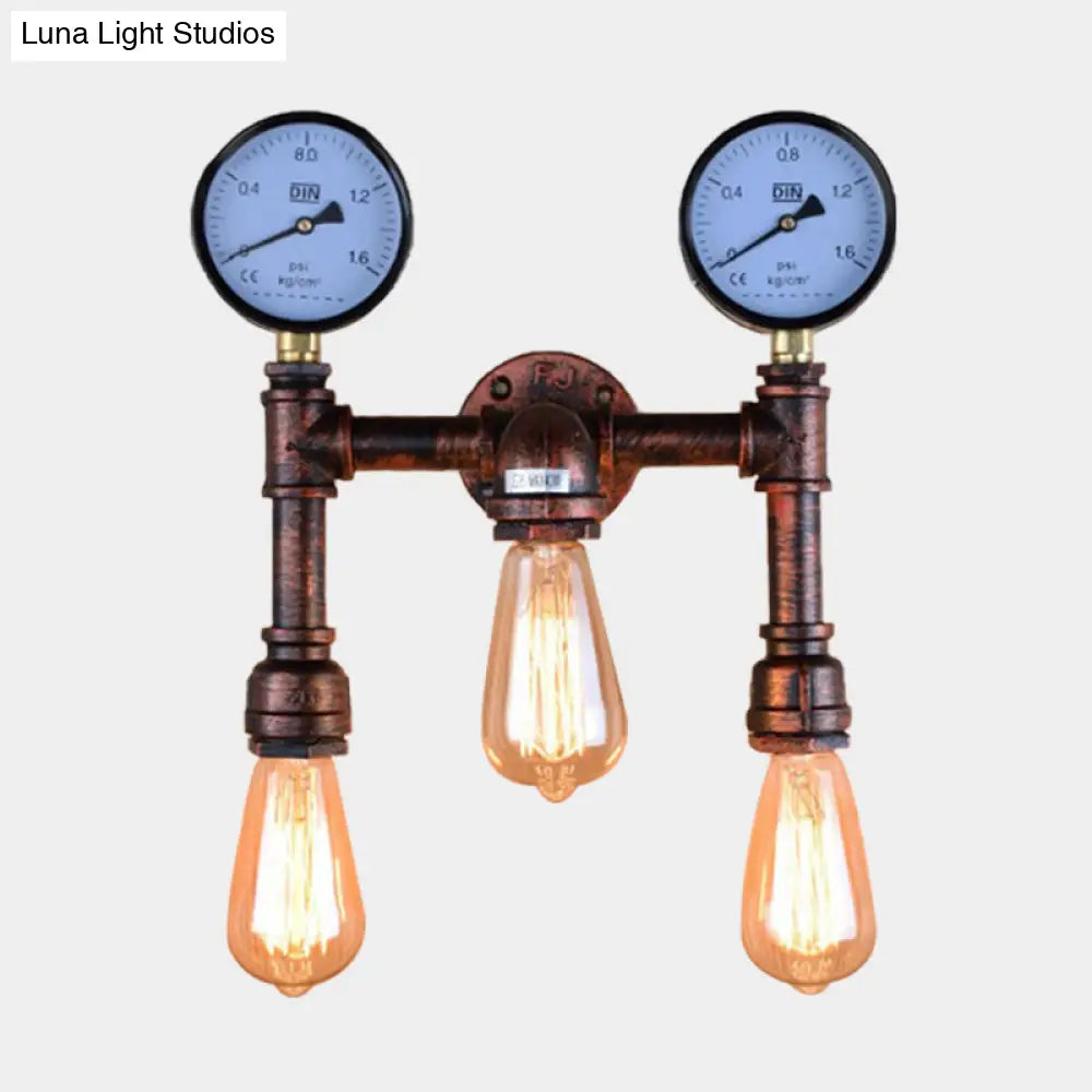 Industrial Copper Metallic Sconce Light Balcony Wall Lamp With Exposed Bulb - 3 Lights