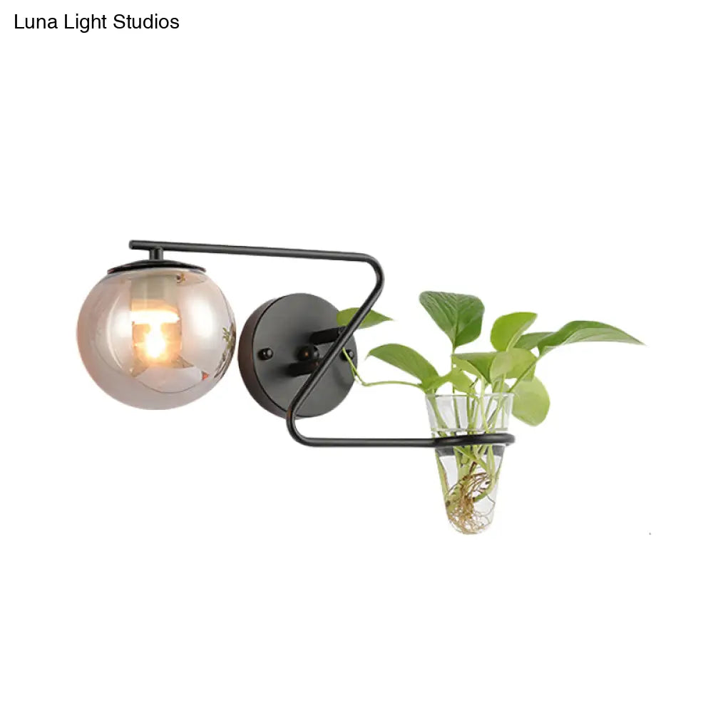 Industrial Cream/Smoke Gray Glass Bedroom Sconce Lighting: Global 1 Head Wall Light With Black/Gold