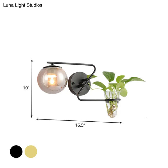 Industrial Cream/Smoke Gray Glass Bedroom Sconce Lighting: Global 1 Head Wall Light With Black/Gold