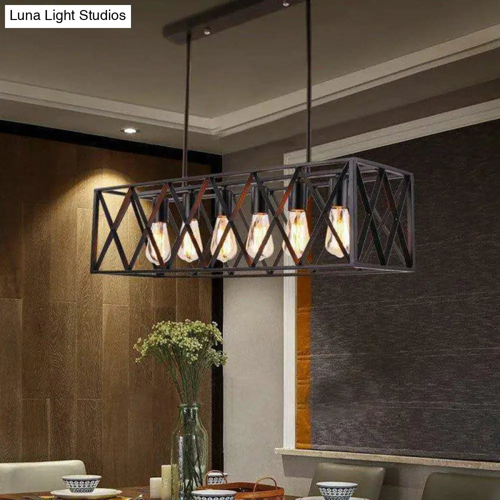 Industrial Cross Framed Pendant Light In Black For Dining Room - Iron Hanging Island