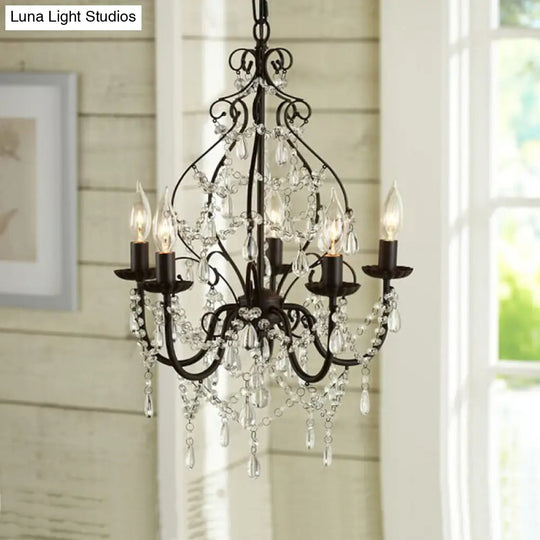 5-Bulb Crystal Chandelier Pendant Lamp With Flameless Candle In Industrial Black