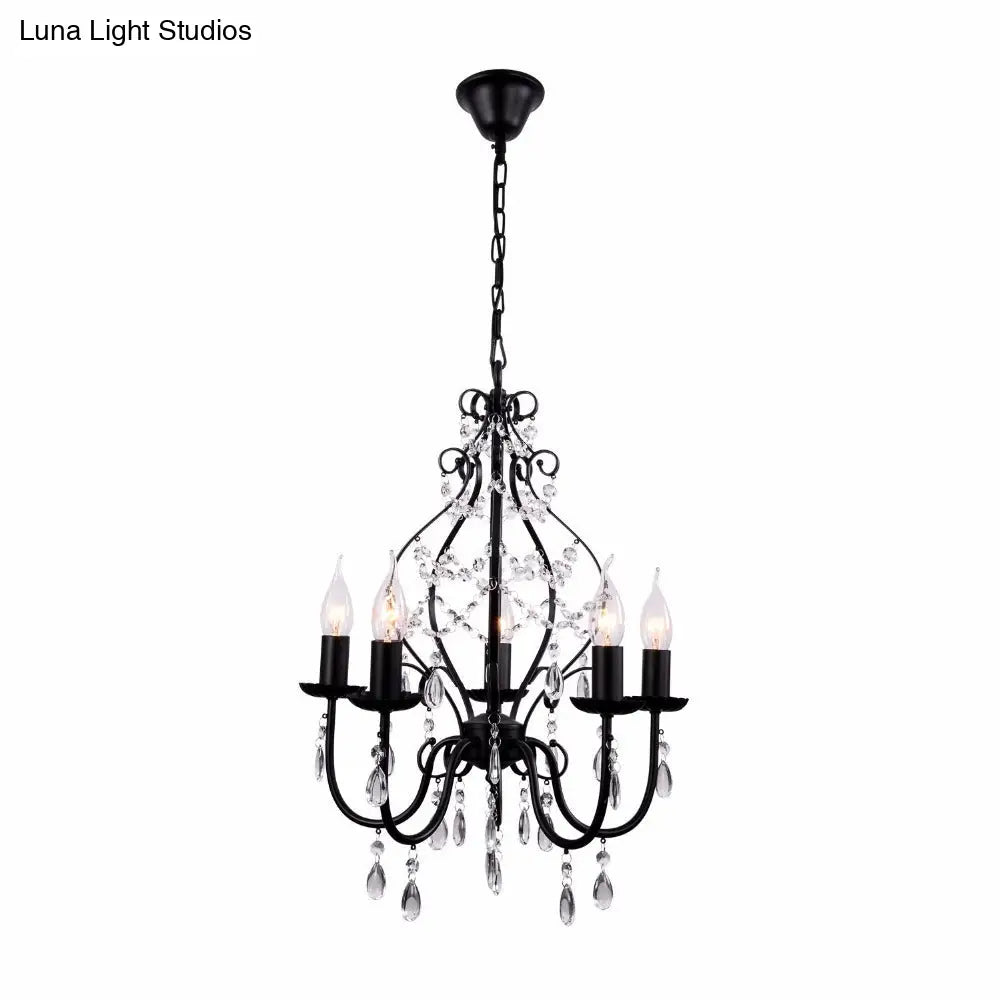 Industrial Crystal Chandelier Light: 5-Bulb Pendant Lamp With Flameless Candle Black Finish