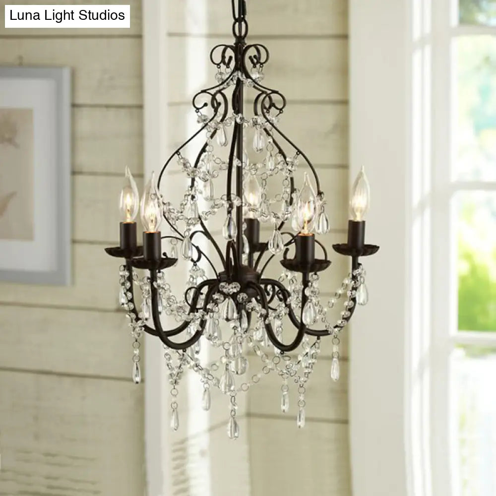 Industrial Crystal Chandelier Light: 5-Bulb Pendant Lamp With Flameless Candle Black Finish