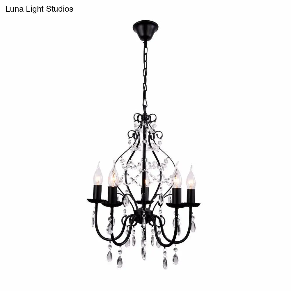 5-Bulb Crystal Chandelier Pendant Lamp With Flameless Candle In Industrial Black