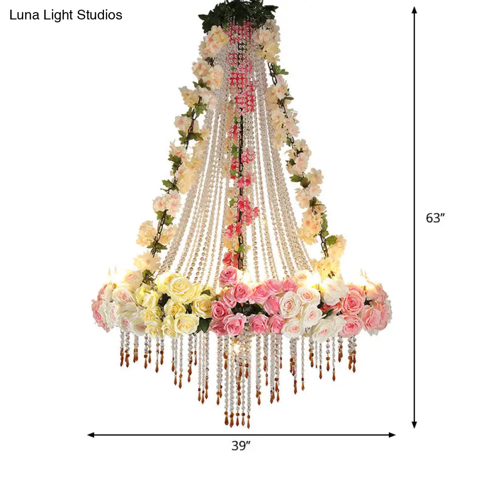 Industrial Crystal Raindrop Chandelier With Flower Accent - White Finish 10 Heads