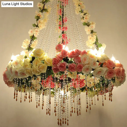 White Industrial Crystal Raindrop Ceiling Lamp With 10 Hanging Chandelier Heads And Flower