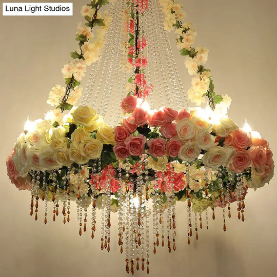 Industrial Crystal Raindrop Chandelier With Flower Accent - White Finish 10 Heads