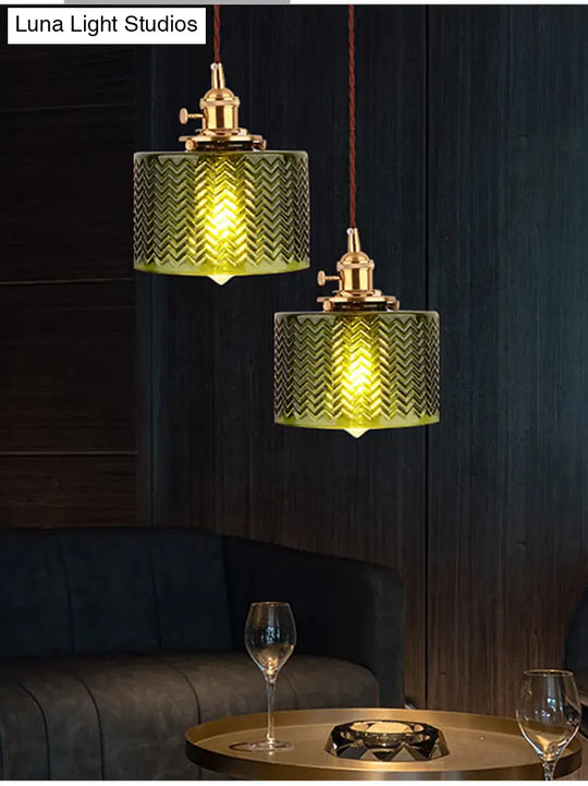 Industrial Cylinder Pendant Light Fixture With Rippled Glass For Bar