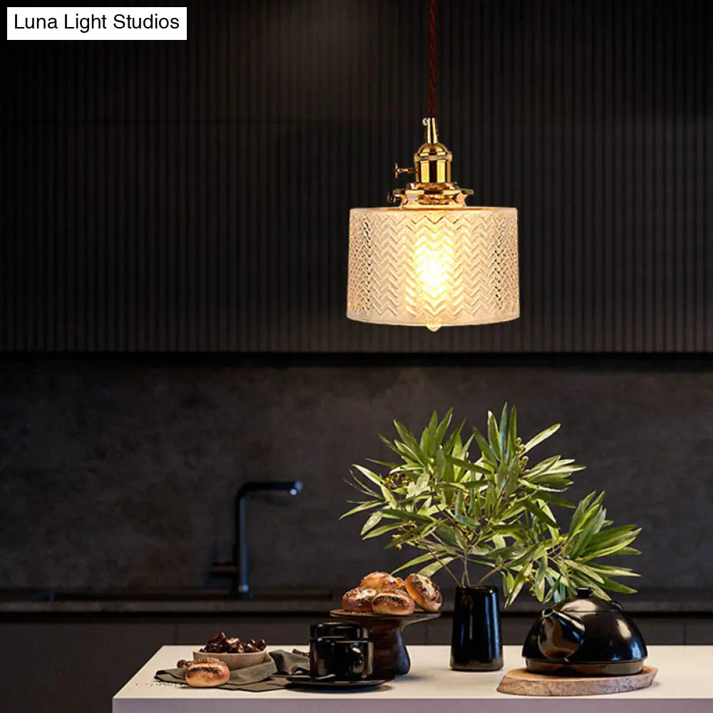 Industrial Cylinder Pendant Light Fixture With Rippled Glass For Bar