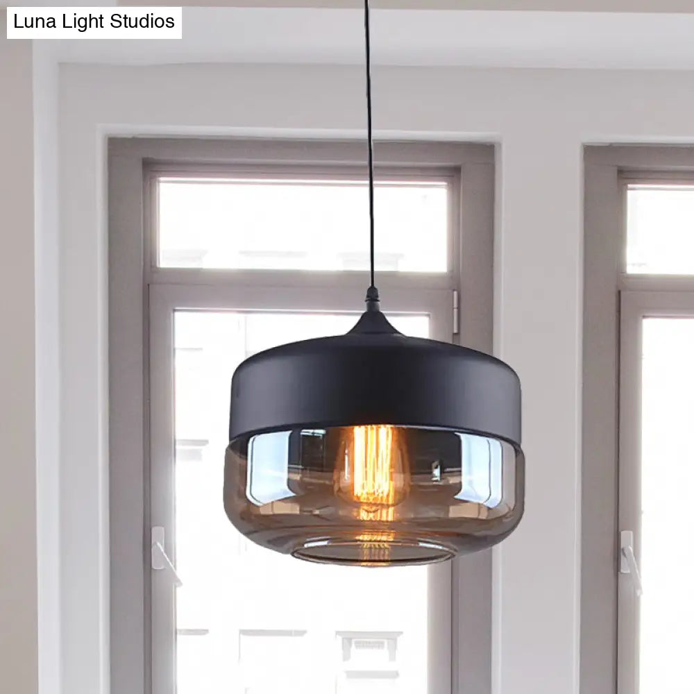 Industrial Cylinder Pendant Light With Brown Glass Shade - 1-Light Hanging Ceiling Fixture In Black