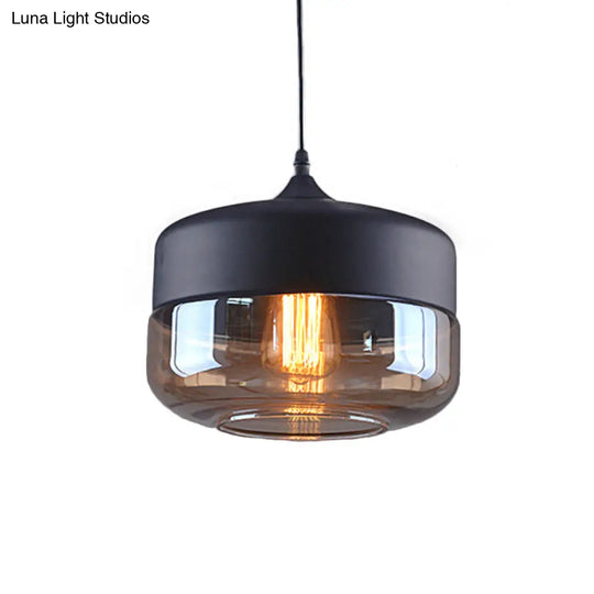 Cylinder Pendant Industrial Lighting - 1 Light Brown Glass Hanging Ceiling In Black 5/7/8 Wide