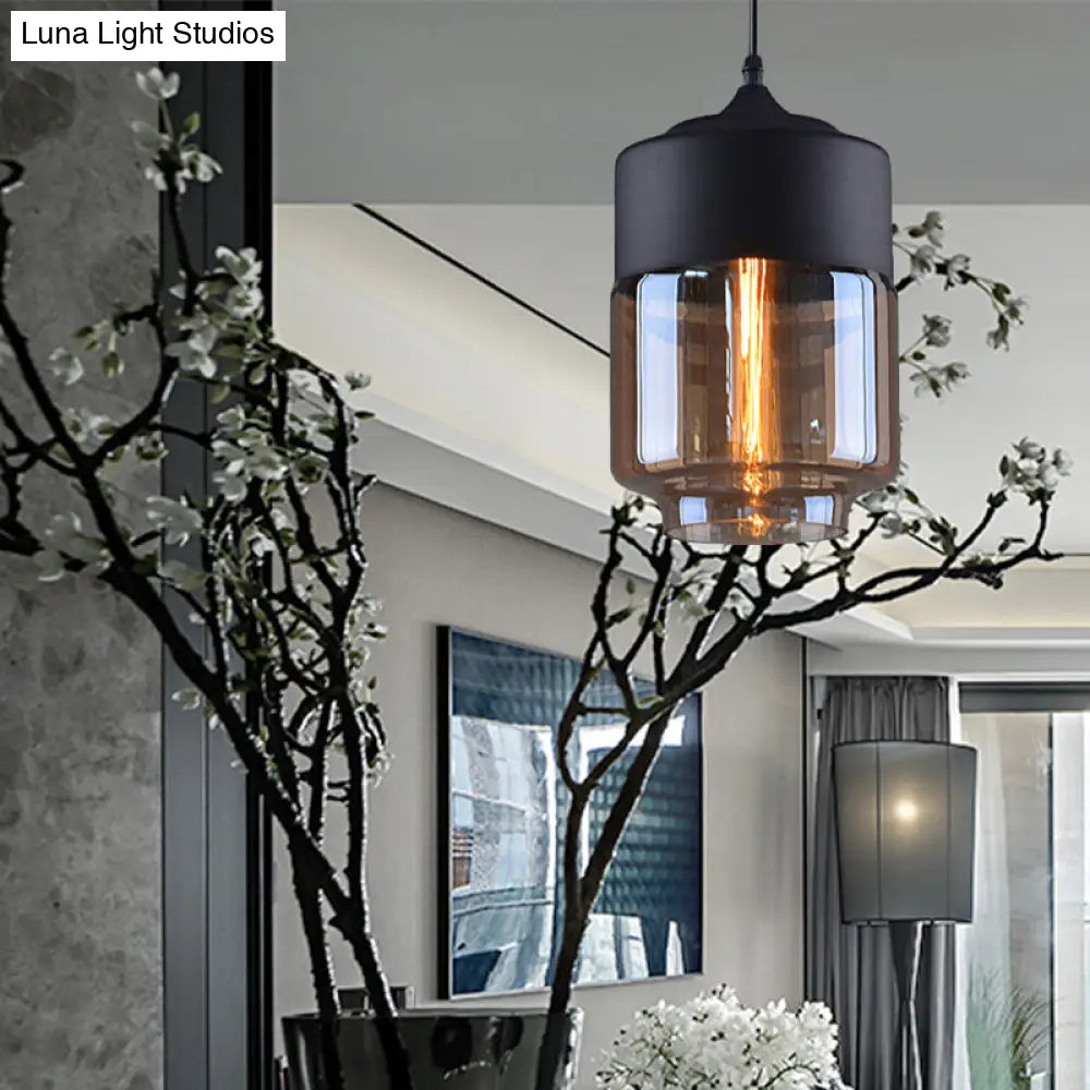 Cylinder Pendant Industrial Lighting - 1 Light Brown Glass Hanging Ceiling In Black 5/7/8 Wide / 7