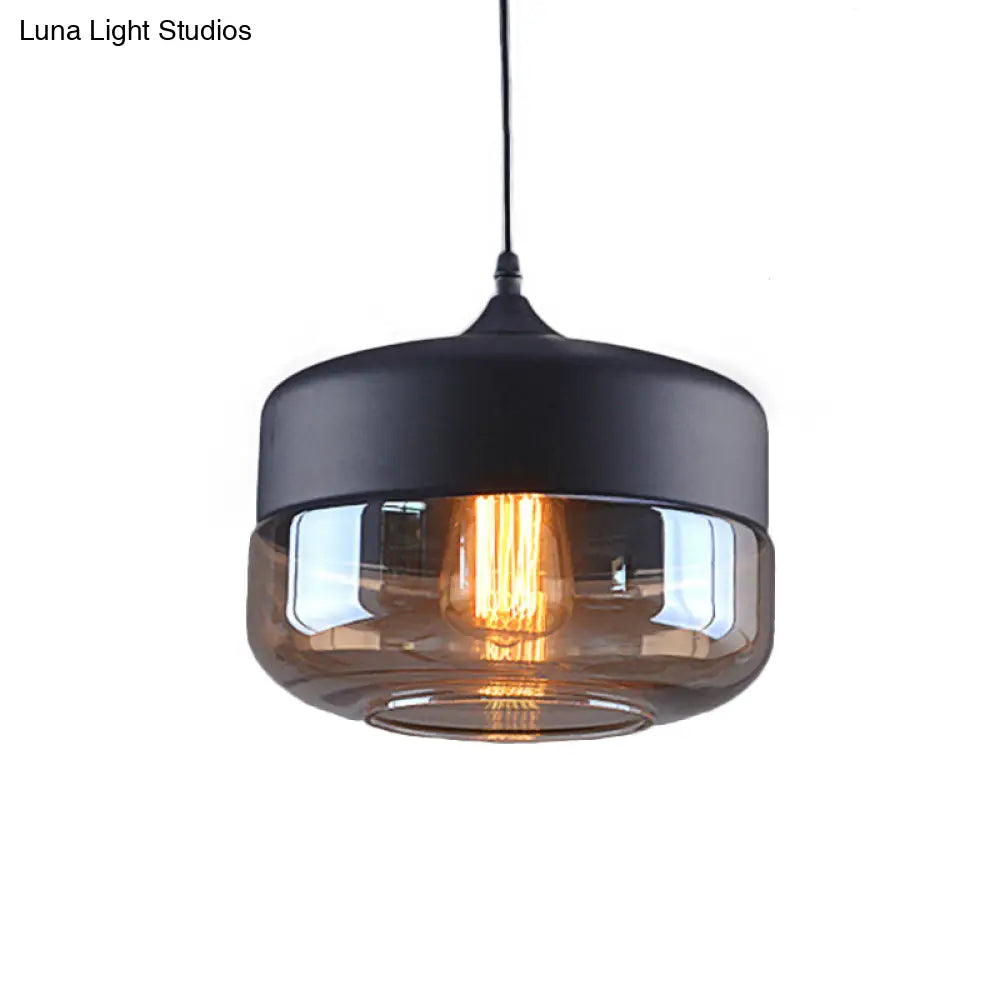 Industrial Cylinder Pendant Light With Brown Glass Shade - 1-Light Hanging Ceiling Fixture In Black