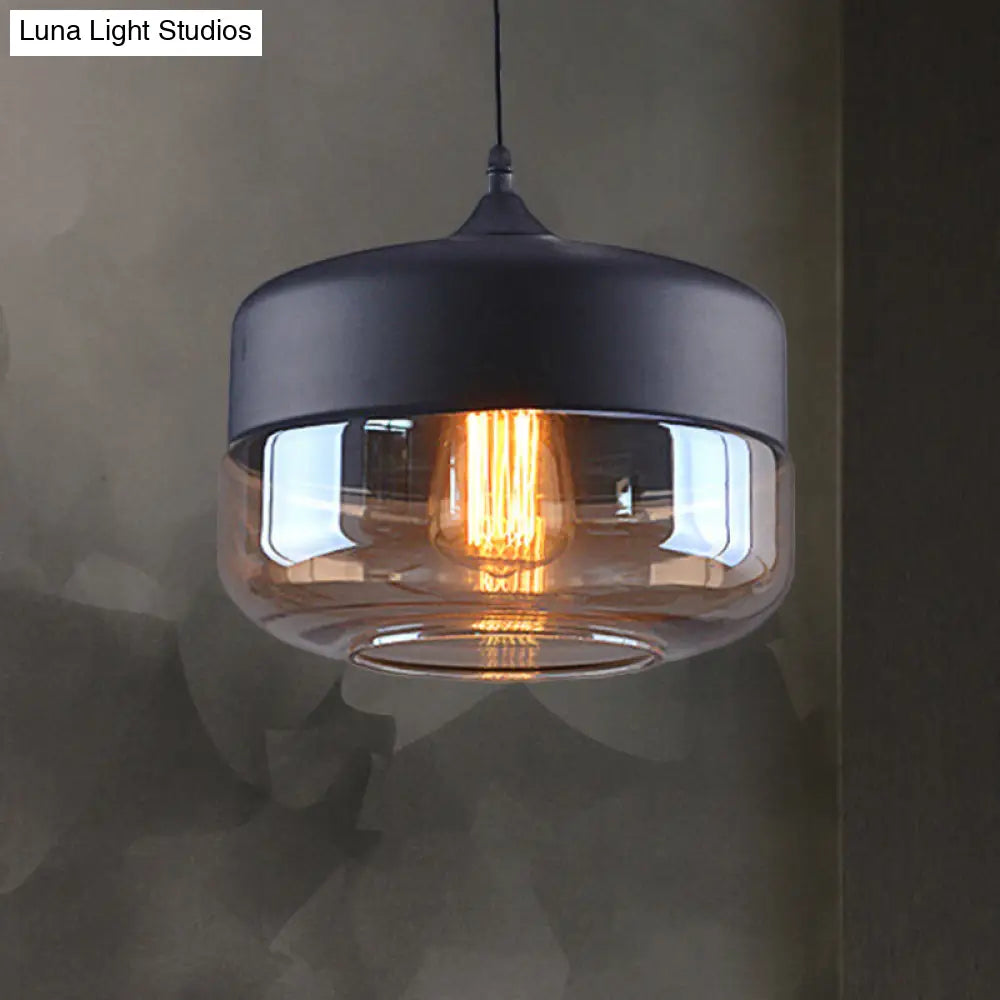 Cylinder Pendant Industrial Lighting - 1 Light Brown Glass Hanging Ceiling In Black 5/7/8 Wide