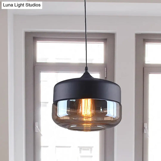 Cylinder Pendant Industrial Lighting - 1 Light Brown Glass Hanging Ceiling In Black 5/7/8 Wide