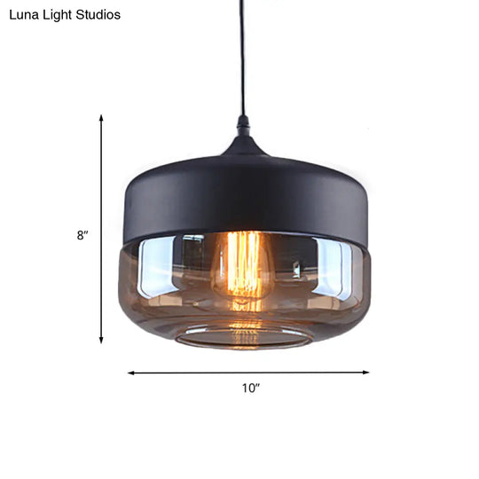 Industrial Cylinder Pendant Light With Brown Glass Shade - 1-Light Hanging Ceiling Fixture In Black