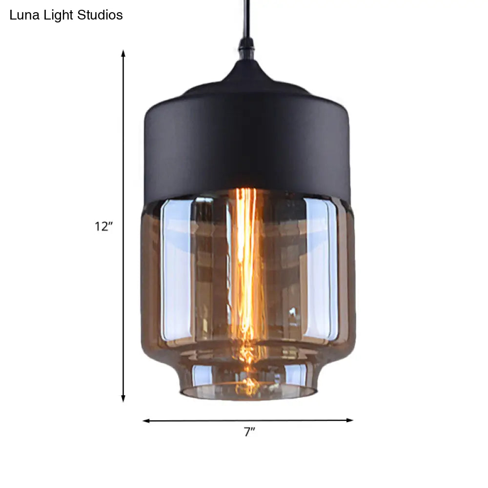 Industrial Cylinder Pendant Light With Brown Glass Shade - 1-Light Hanging Ceiling Fixture In Black