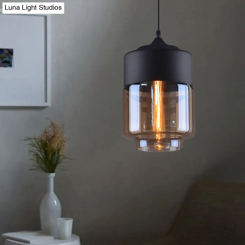 Cylinder Pendant Industrial Lighting - 1 Light Brown Glass Hanging Ceiling In Black 5/7/8 Wide