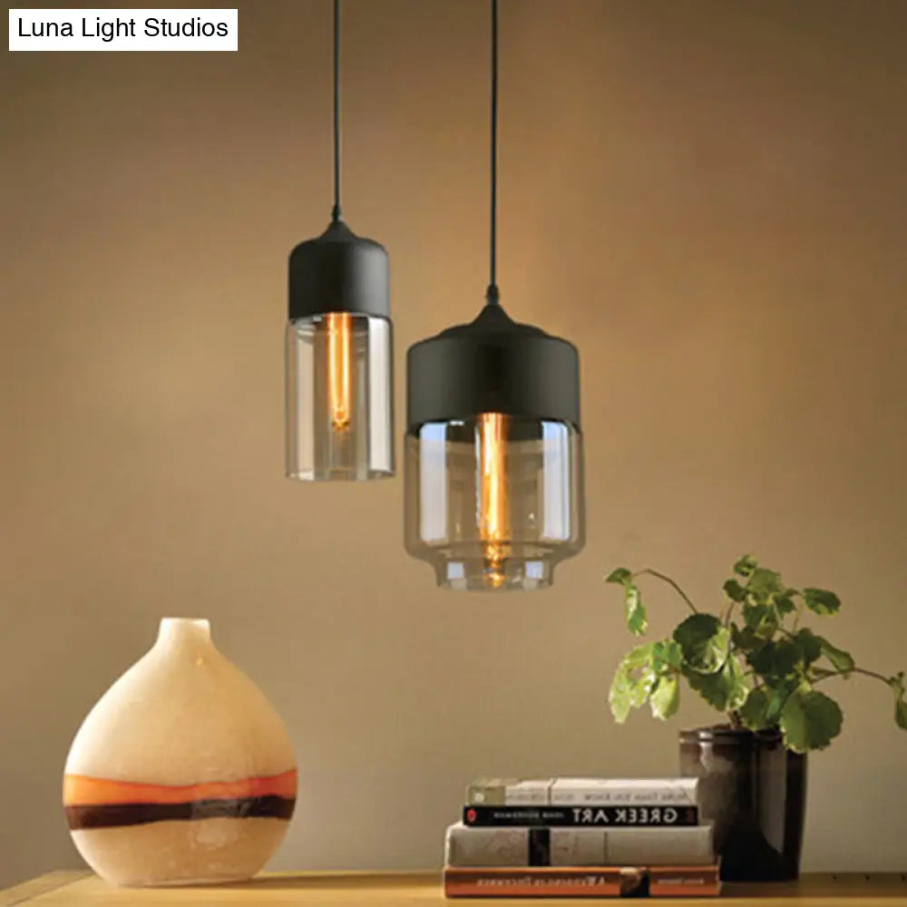 Industrial Cylinder Pendant Light With Brown Glass Shade - 1-Light Hanging Ceiling Fixture In Black