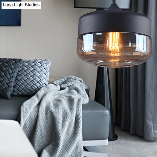 Cylinder Pendant Industrial Lighting - 1 Light Brown Glass Hanging Ceiling In Black 5/7/8 Wide / 10