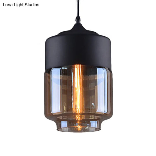 Industrial Cylinder Pendant Light With Brown Glass Shade - 1-Light Hanging Ceiling Fixture In Black