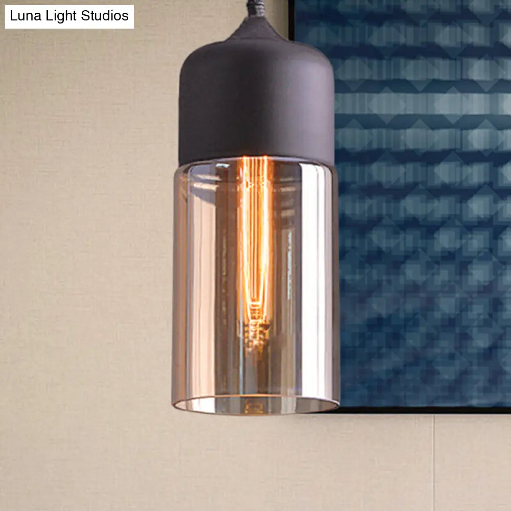 Cylinder Pendant Industrial Lighting - 1 Light Brown Glass Hanging Ceiling In Black 5/7/8 Wide / 5