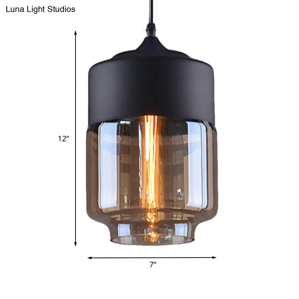 Cylinder Pendant Industrial Lighting - 1 Light Brown Glass Hanging Ceiling In Black 5/7/8 Wide