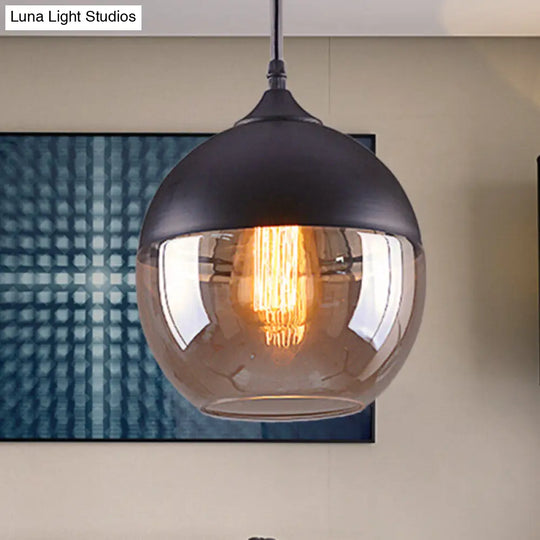 Cylinder Pendant Industrial Lighting - 1 Light Brown Glass Hanging Ceiling In Black 5/7/8 Wide