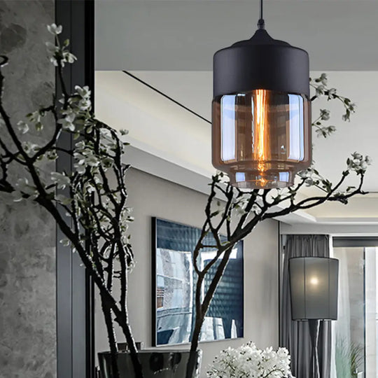 Industrial Cylinder Pendant Light With Brown Glass Shade - 1-Light Hanging Ceiling Fixture In Black