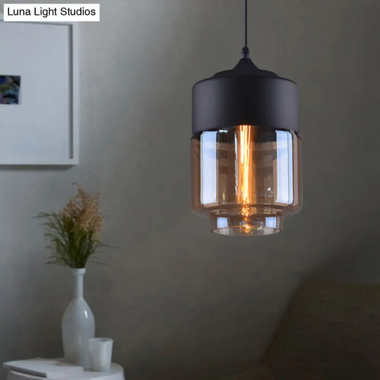 Industrial Cylinder Pendant Light With Brown Glass Shade - 1-Light Hanging Ceiling Fixture In Black