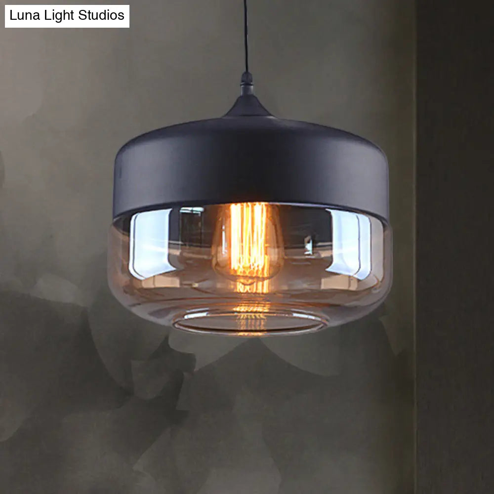 Industrial Cylinder Pendant Light With Brown Glass Shade - 1-Light Hanging Ceiling Fixture In Black