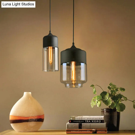 Cylinder Pendant Industrial Lighting - 1 Light Brown Glass Hanging Ceiling In Black 5/7/8 Wide