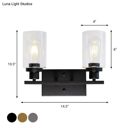 Industrial Cylinder Wall Mount Light - 2/3 Bulbs Black/Brass/Nickel Clear Glass Lamp For Bathroom