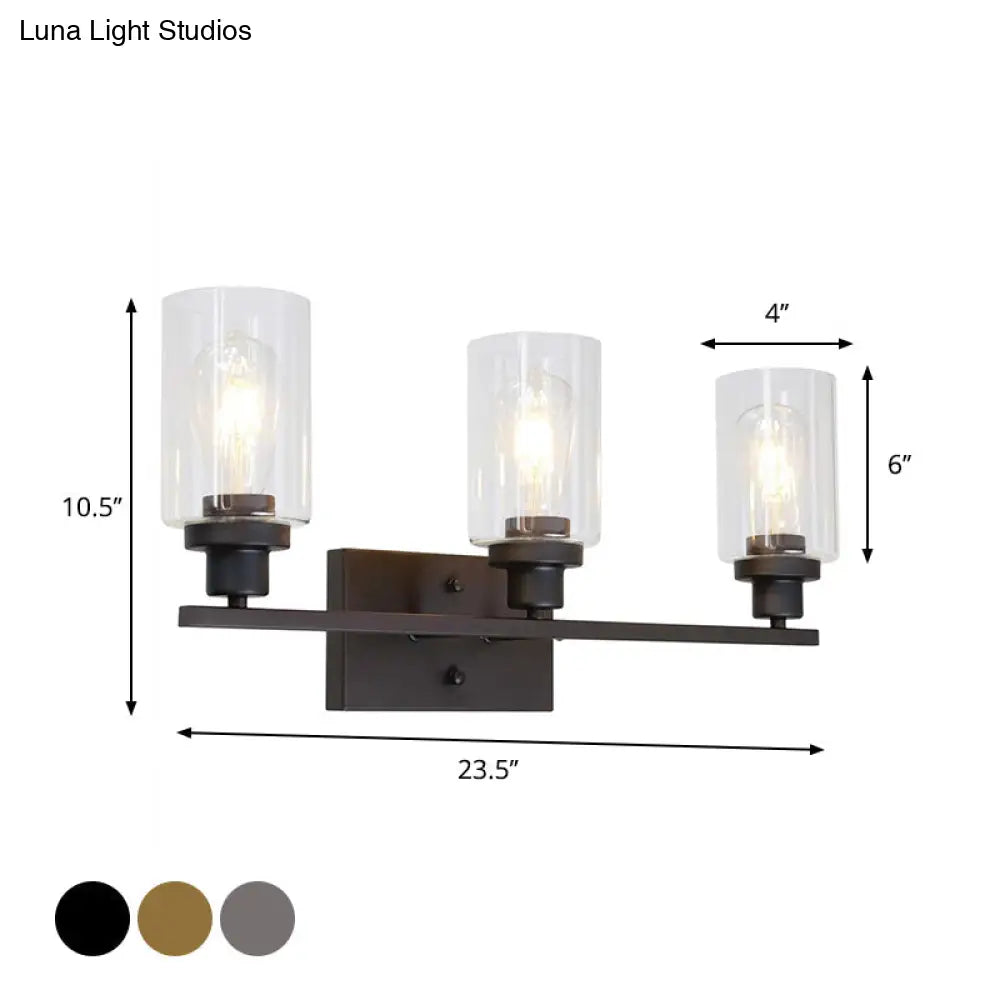 Industrial Cylinder Wall Mount Light - 2/3 Bulbs Black/Brass/Nickel Clear Glass Lamp For Bathroom