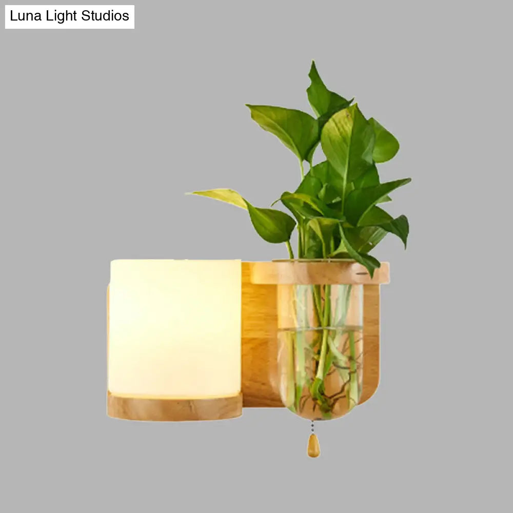 Industrial Cylindrical Led Wall Sconce With Opal Glass And Wood Mount (Left/Right)