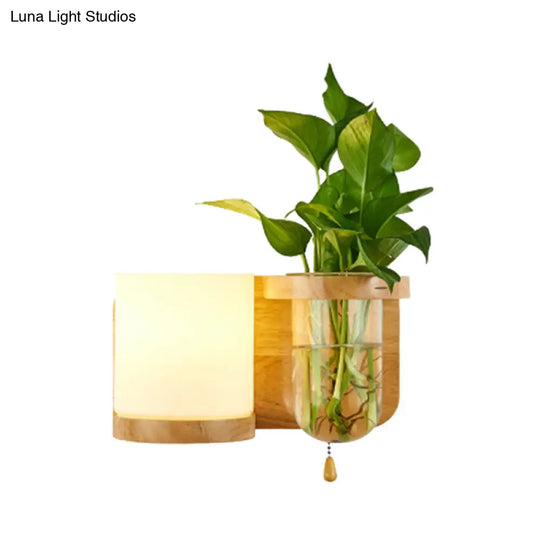 Industrial Cylindrical Led Wall Sconce With Opal Glass And Wood Mount (Left/Right)