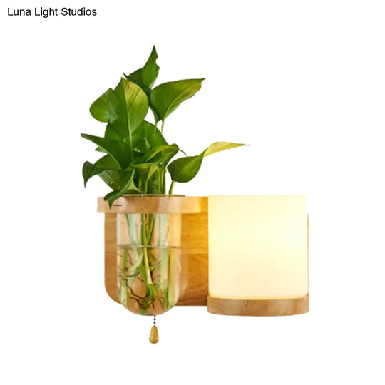 Industrial Cylindrical Led Wall Sconce With Opal Glass And Wood Mount (Left/Right)