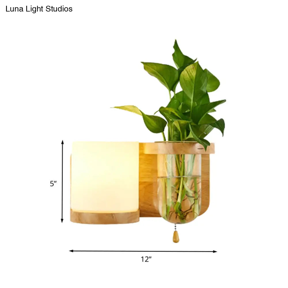 Industrial Cylindrical Led Wall Sconce With Opal Glass And Wood Mount (Left/Right)