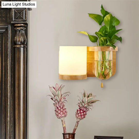 Industrial Cylindrical Led Wall Sconce With Opal Glass And Wood Mount (Left/Right)