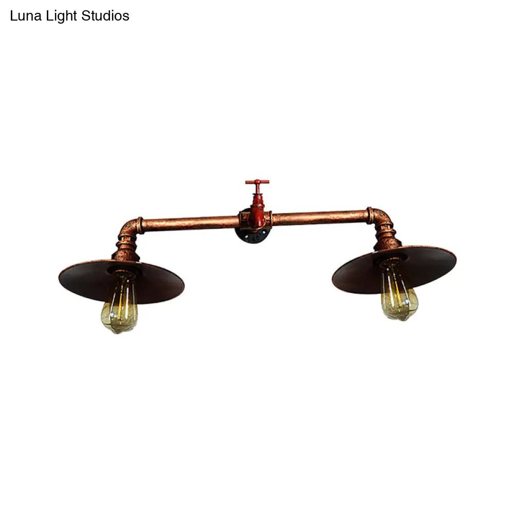 Industrial Dark Rust Metallic Sconce Wall Light With Water Tap - 2 Bulbs Flat Shade Perfect For