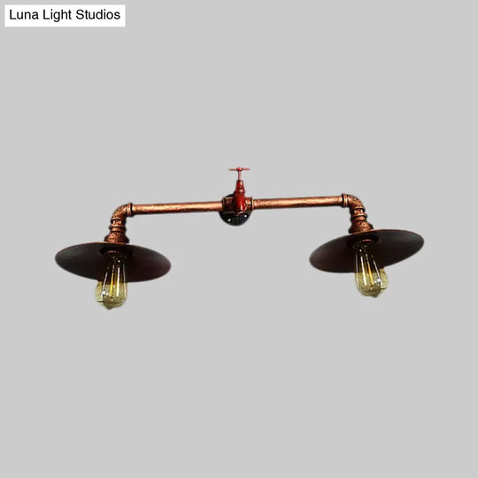 Industrial Dark Rust Metallic Sconce Wall Light With Water Tap - 2 Bulbs Flat Shade Perfect For