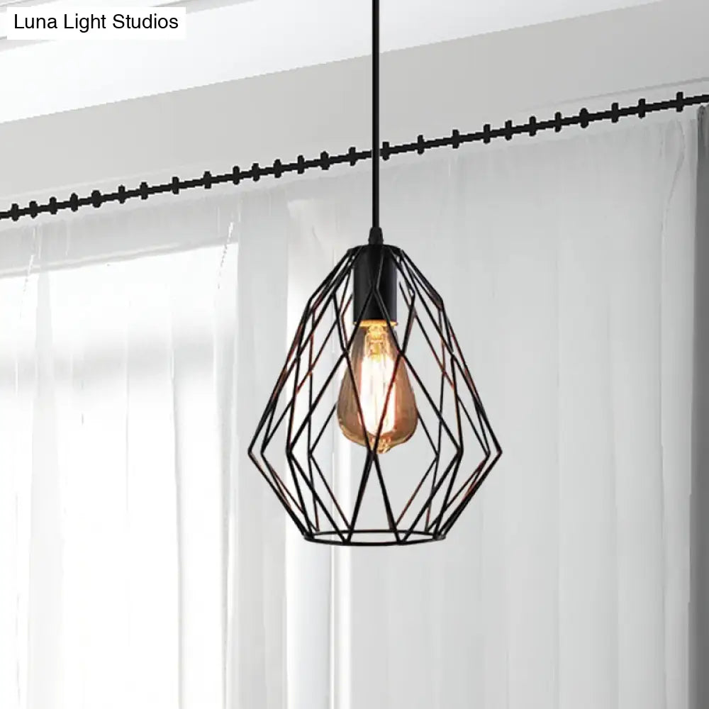 Industrial Diamond Cage Pendant Light In Black Finish - Perfect For Dining Room Ceilings